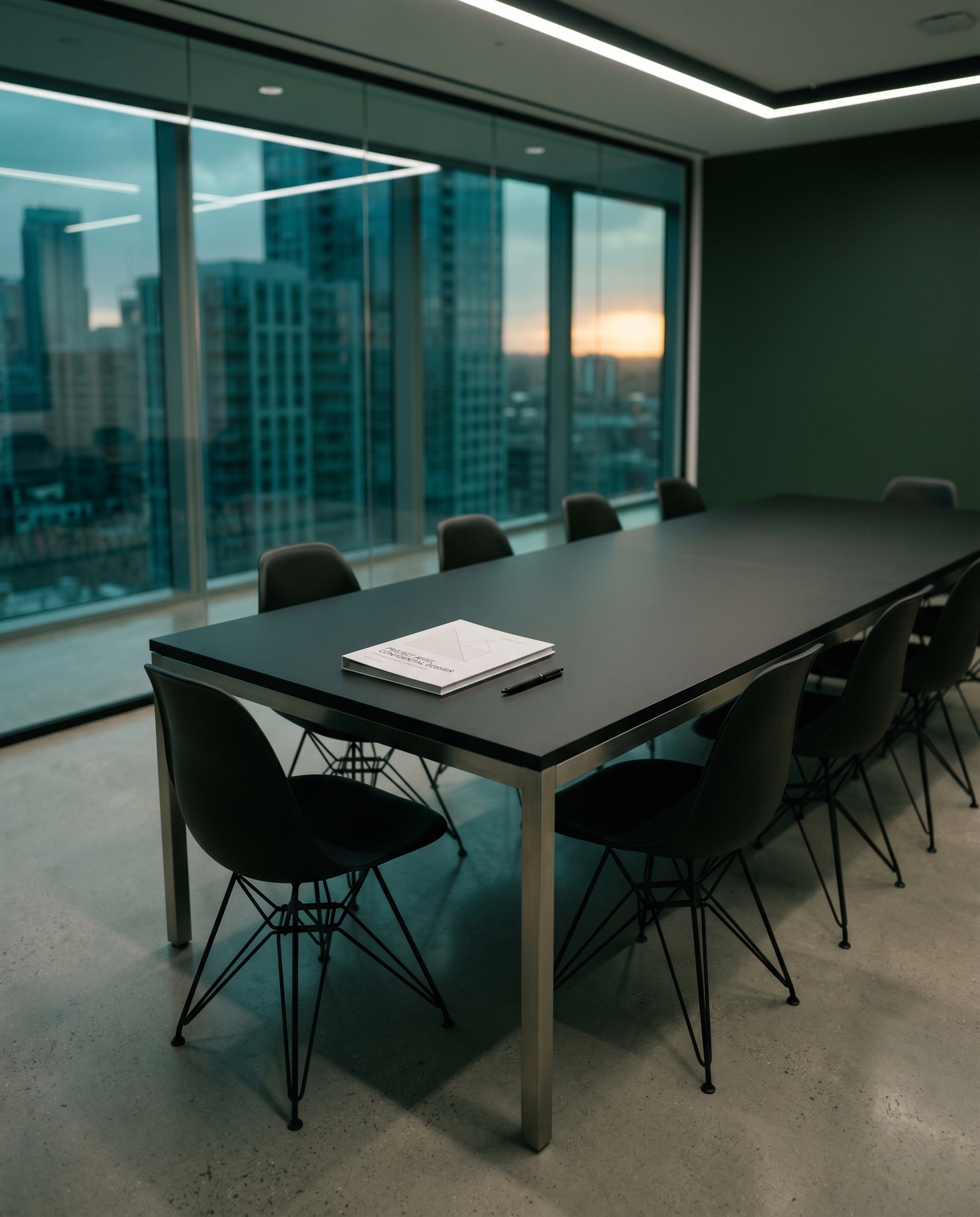 A modern boardroom at dusk, city skyline through the windows, a memorandum and pen on the table.