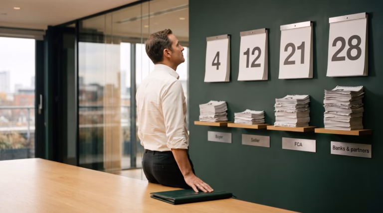 A man in an office looks up at four wall calendars, with stacks of torn-off pages on shelves labelled Buyer, Seller, FCA, and Banks and partners.